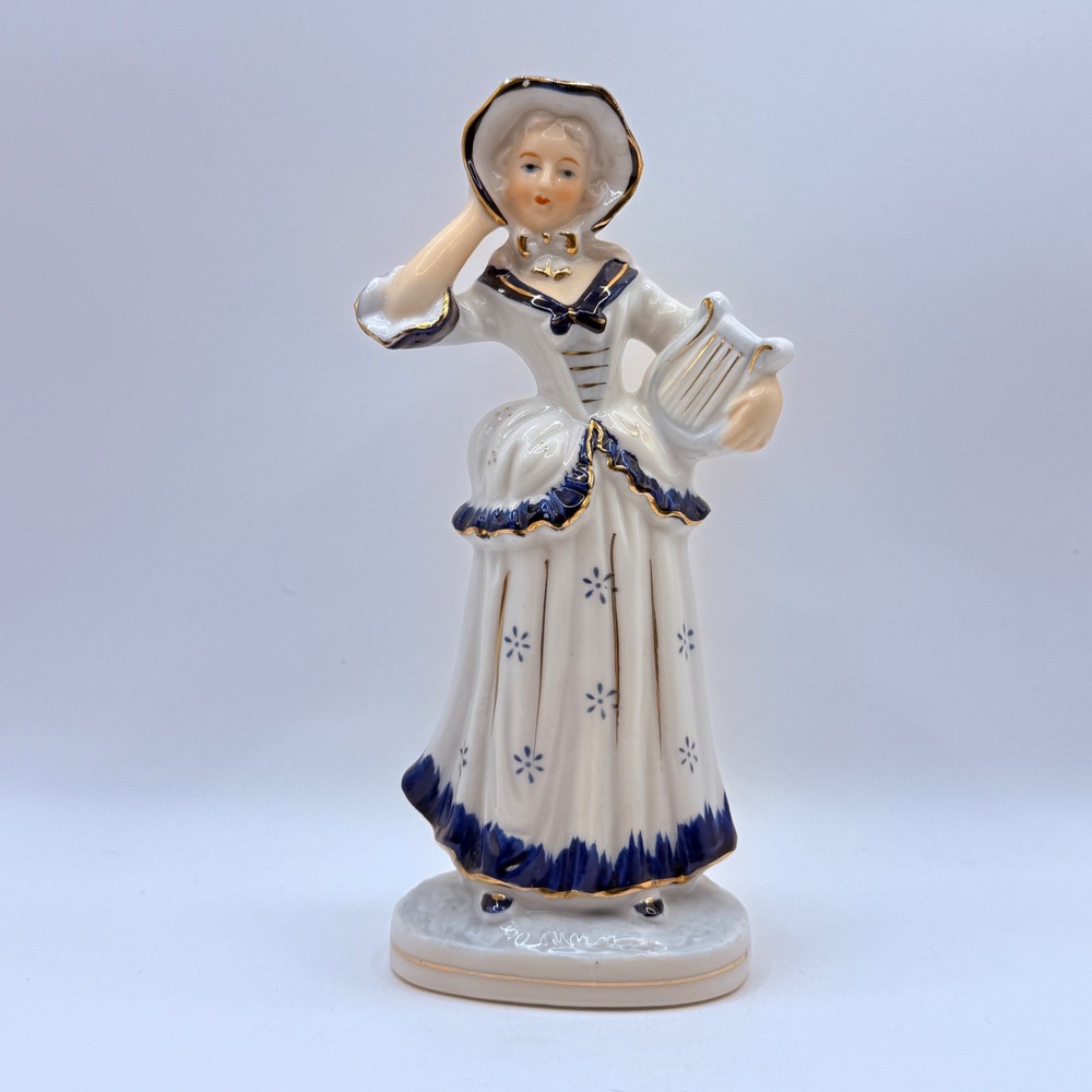 Royal Copenhagen VTG Porcelain Woman with Harp Figurine Cobalt Blue White Gold‎